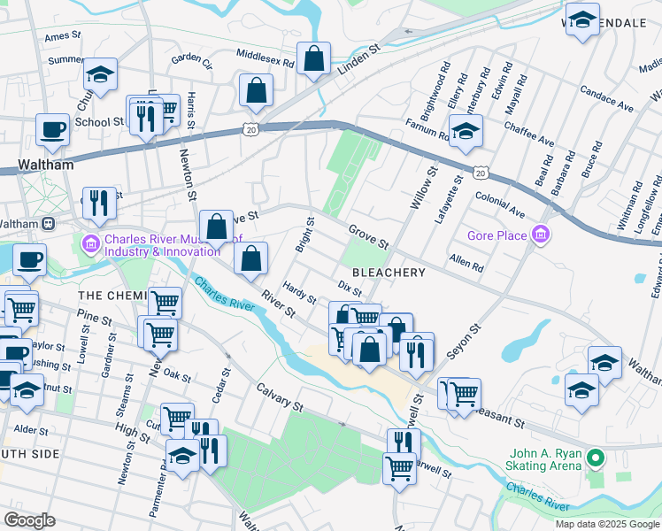 map of restaurants, bars, coffee shops, grocery stores, and more near 145 Clark Street in Waltham