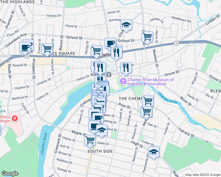 map of restaurants, bars, coffee shops, grocery stores, and more near 144 Moody Street in Waltham