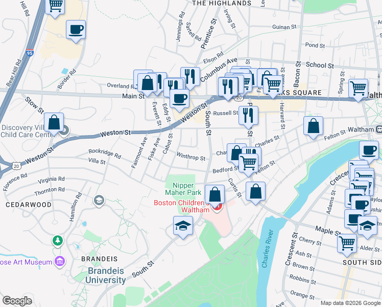 map of restaurants, bars, coffee shops, grocery stores, and more near 33 Auburn Street in Waltham