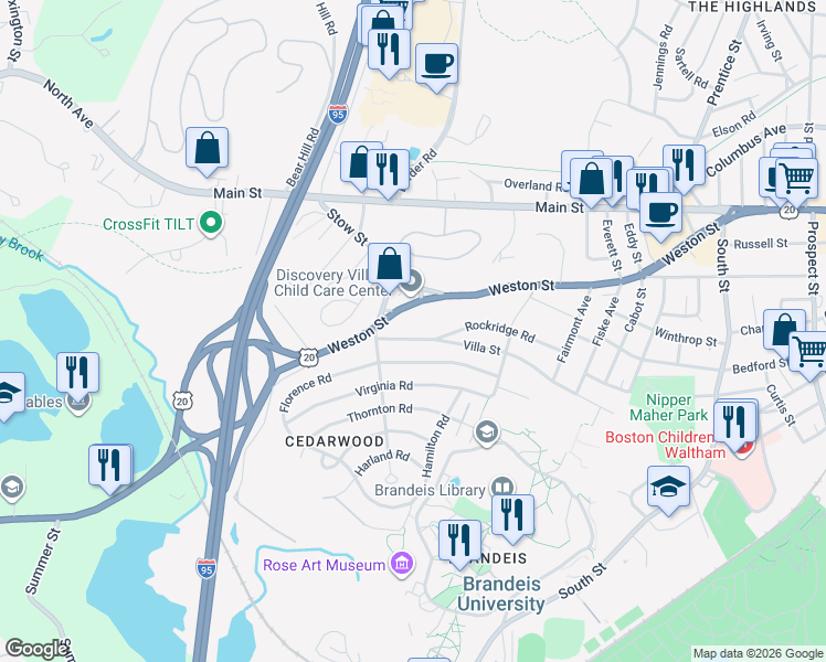 map of restaurants, bars, coffee shops, grocery stores, and more near 284 U.S. 20 in Waltham