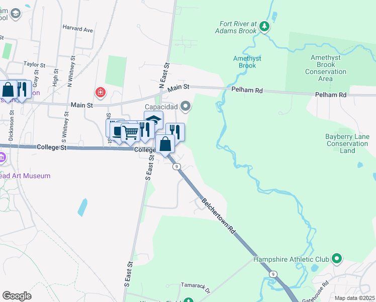 map of restaurants, bars, coffee shops, grocery stores, and more near 44 Belchertown Road in Amherst