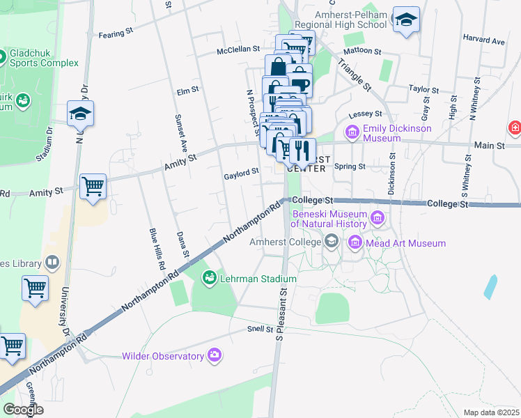 map of restaurants, bars, coffee shops, grocery stores, and more near 39 Kendrick Place in Amherst