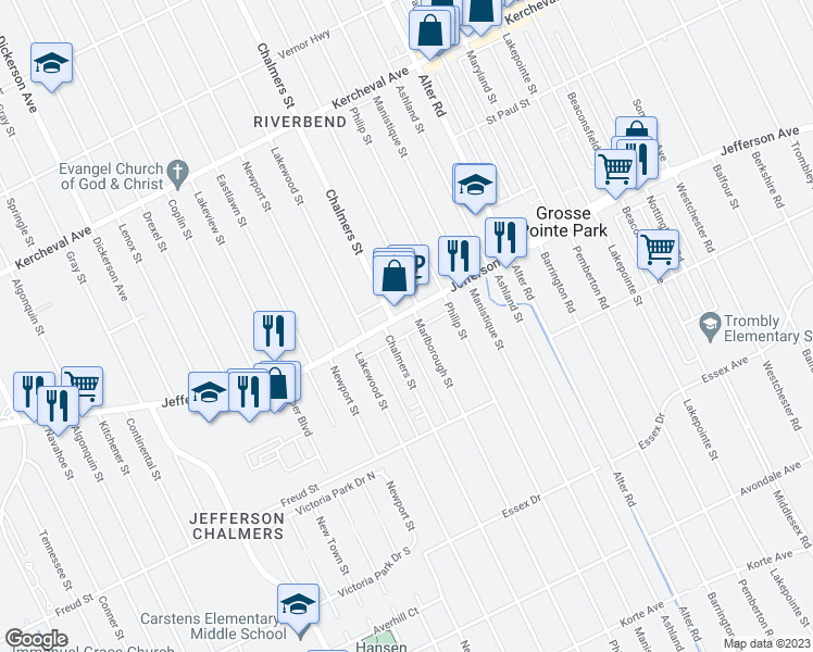 map of restaurants, bars, coffee shops, grocery stores, and more near 14415 East Jefferson Avenue in Detroit