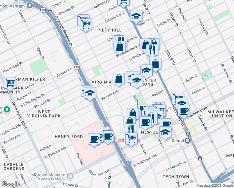 map of restaurants, bars, coffee shops, grocery stores, and more near 50 Seward Avenue in Detroit