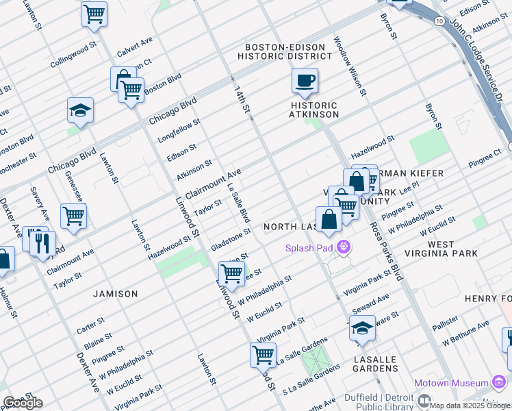 map of restaurants, bars, coffee shops, grocery stores, and more near 2246 Hazelwood Street in Detroit