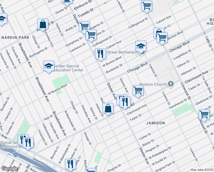 map of restaurants, bars, coffee shops, grocery stores, and more near 3480 Chicago Boulevard in Detroit