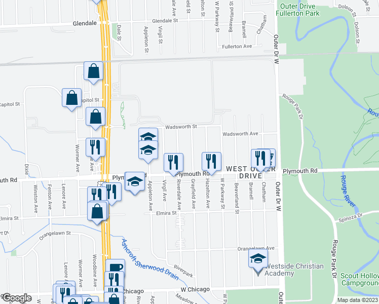 map of restaurants, bars, coffee shops, grocery stores, and more near 11695 Grayfield in Redford Charter Township