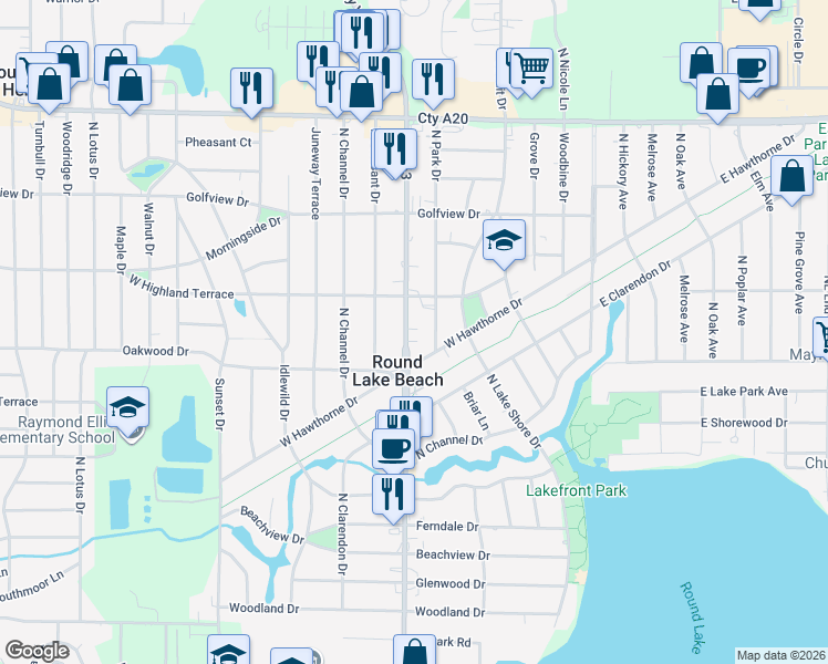 map of restaurants, bars, coffee shops, grocery stores, and more near 1402 North Park Drive in Round Lake Beach