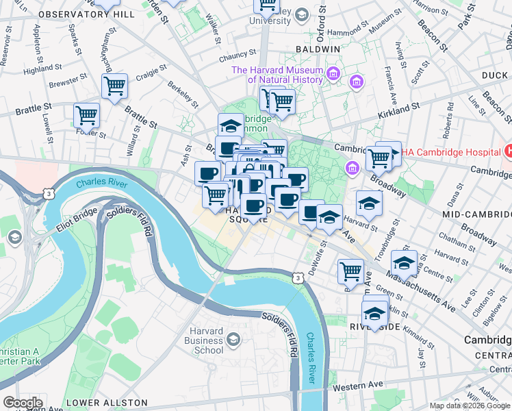 map of restaurants, bars, coffee shops, grocery stores, and more near 95 Mount Auburn Street in Cambridge