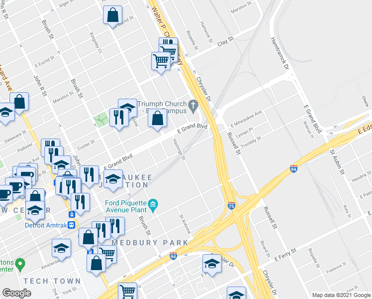 map of restaurants, bars, coffee shops, grocery stores, and more near E Milwaukee St in Detroit