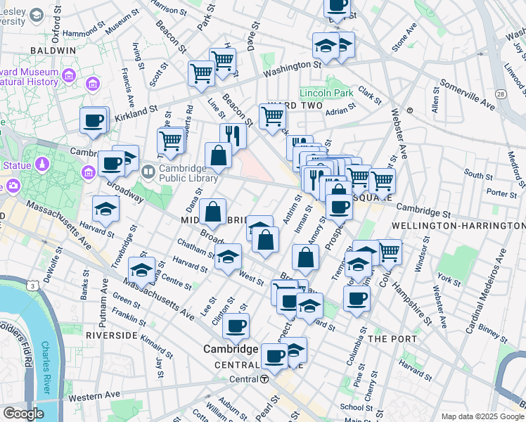 map of restaurants, bars, coffee shops, grocery stores, and more near in Cambridge