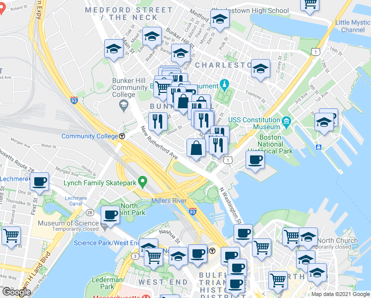 map of restaurants, bars, coffee shops, grocery stores, and more near Old Rutherford Ave & Washington St in Boston