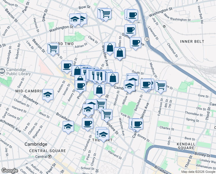 map of restaurants, bars, coffee shops, grocery stores, and more near 299 Elm Street in Cambridge