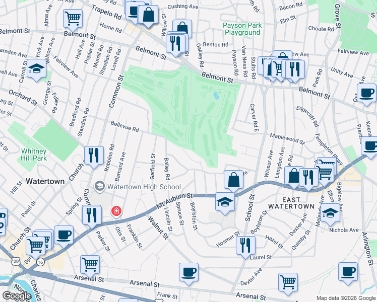 map of restaurants, bars, coffee shops, grocery stores, and more near 35 Arden Road in Watertown