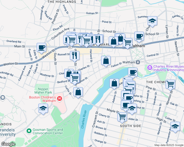 map of restaurants, bars, coffee shops, grocery stores, and more near 10 Browns Avenue in Waltham