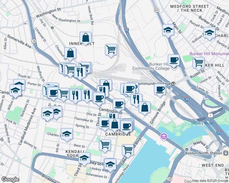 map of restaurants, bars, coffee shops, grocery stores, and more near in Cambridge