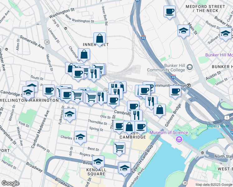 map of restaurants, bars, coffee shops, grocery stores, and more near 219 Monsignor O'Brien Highway in Cambridge