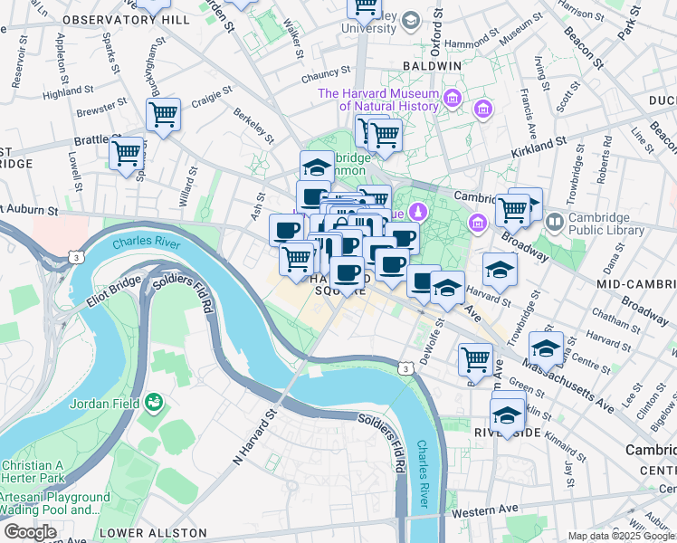 map of restaurants, bars, coffee shops, grocery stores, and more near 104 Mount Auburn Street in Cambridge