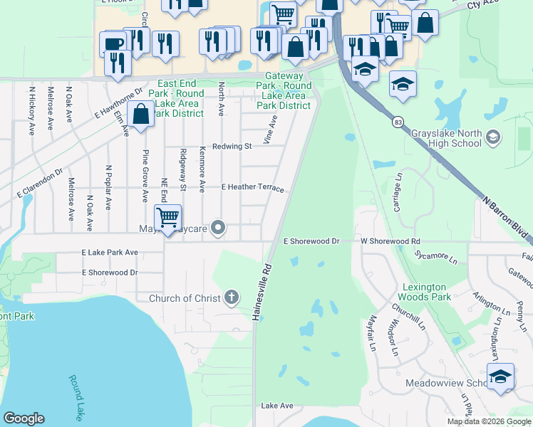 map of restaurants, bars, coffee shops, grocery stores, and more near 1338 Hainesville Road in Round Lake Beach