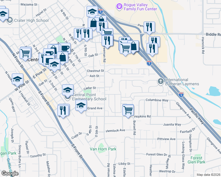 map of restaurants, bars, coffee shops, grocery stores, and more near 465 Freeman Road in Central Point