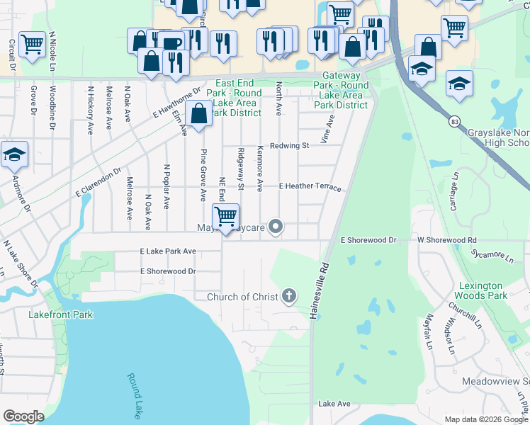 map of restaurants, bars, coffee shops, grocery stores, and more near 1403 Kenmore Avenue in Round Lake Beach