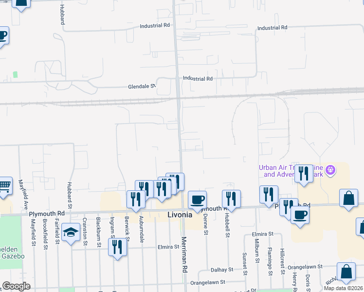 map of restaurants, bars, coffee shops, grocery stores, and more near 12170 Merriman Rd in Livonia