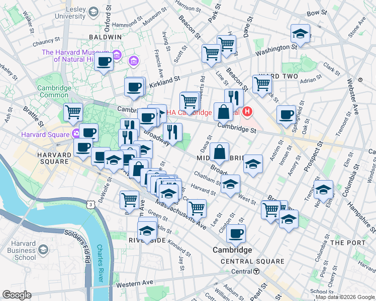 map of restaurants, bars, coffee shops, grocery stores, and more near in Cambridge