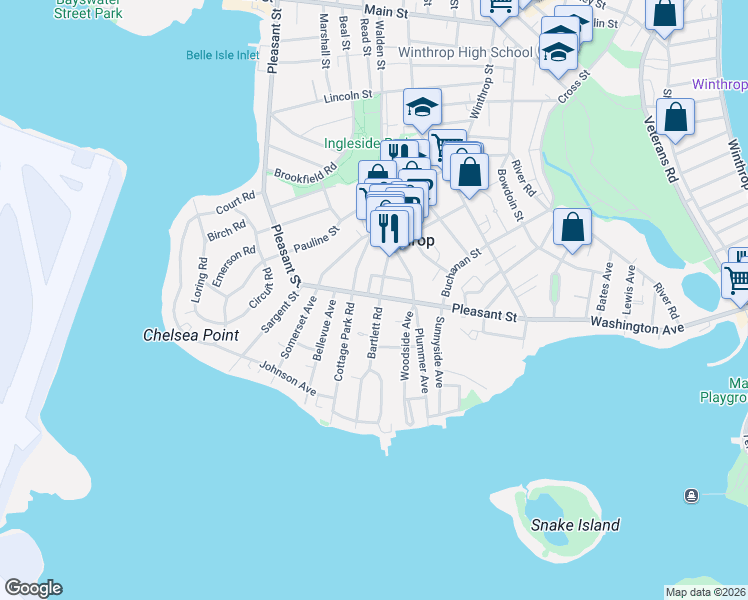 map of restaurants, bars, coffee shops, grocery stores, and more near 19 Williams Street in Winthrop