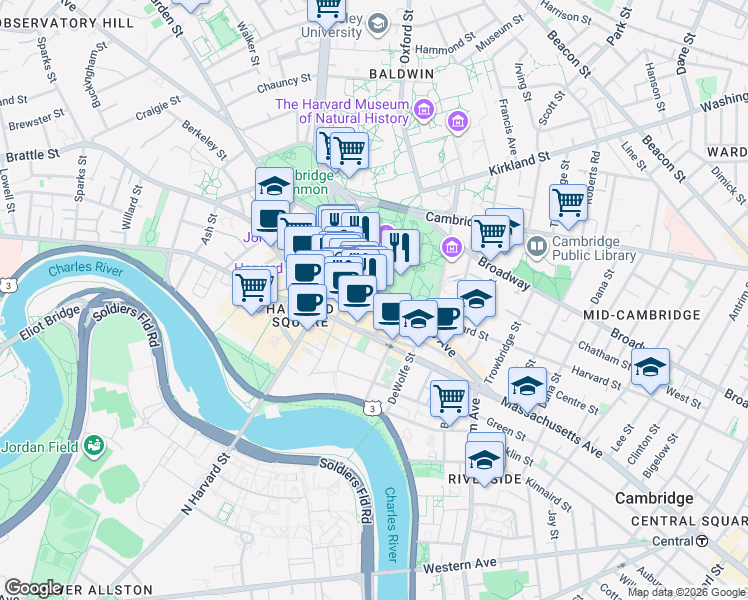 map of restaurants, bars, coffee shops, grocery stores, and more near 1320 Massachusetts Avenue in Cambridge