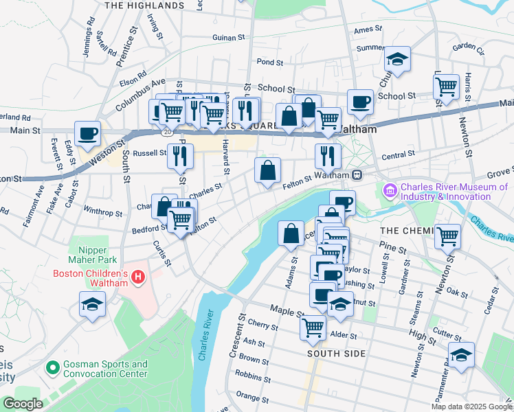 map of restaurants, bars, coffee shops, grocery stores, and more near 44 Williams Street in Waltham