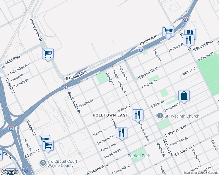 map of restaurants, bars, coffee shops, grocery stores, and more near 5850 Grandy Street in Detroit