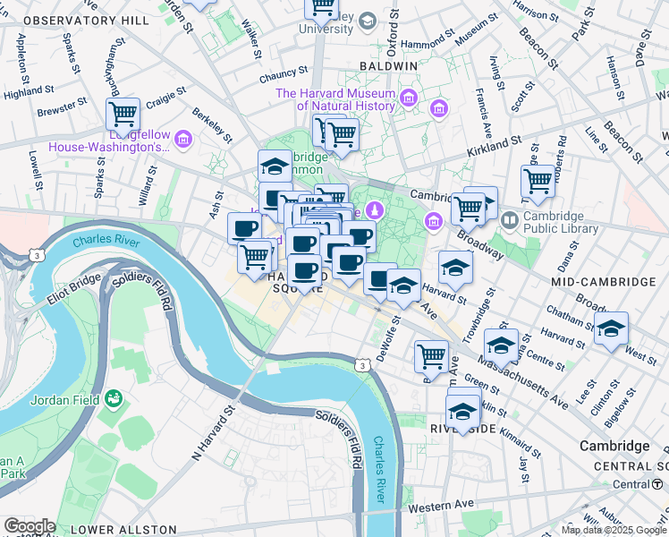 map of restaurants, bars, coffee shops, grocery stores, and more near 19 Dunster Street in Cambridge