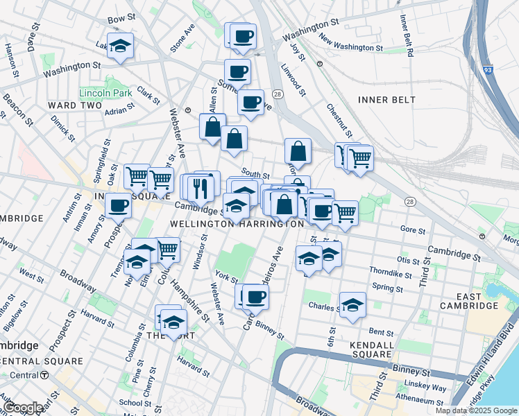 map of restaurants, bars, coffee shops, grocery stores, and more near 21 Hunting Street in Cambridge