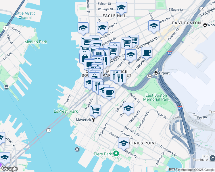 map of restaurants, bars, coffee shops, grocery stores, and more near 112 Paris Street in Boston