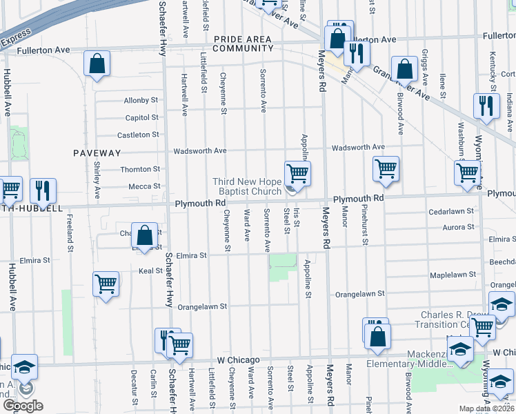 map of restaurants, bars, coffee shops, grocery stores, and more near 13021 Plymouth Road in Detroit