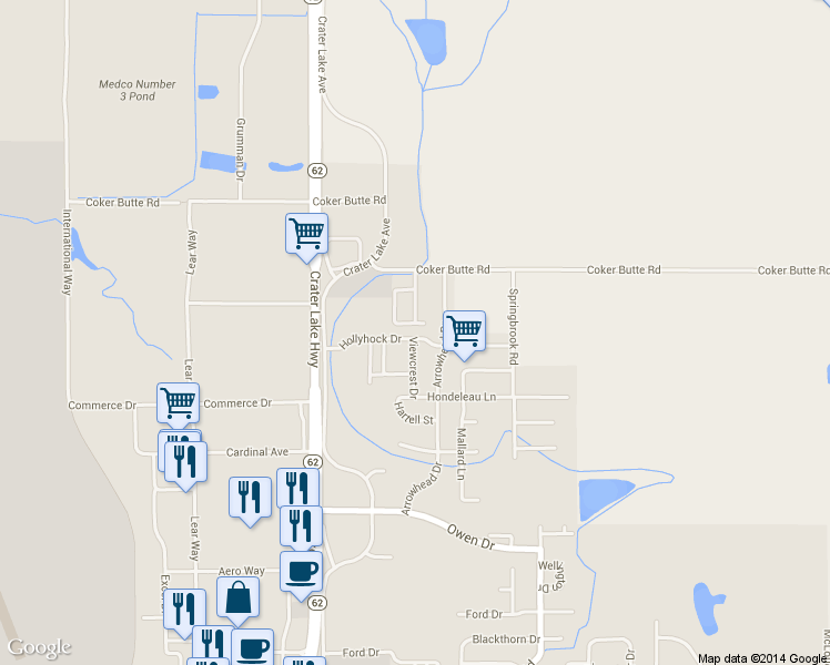 map of restaurants, bars, coffee shops, grocery stores, and more near 3939 Arrowhead Drive in Medford