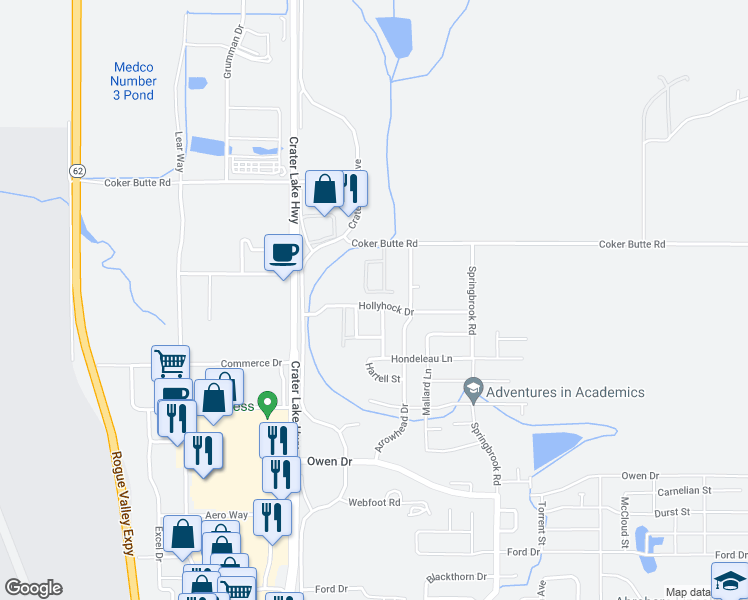 map of restaurants, bars, coffee shops, grocery stores, and more near 1519 Hollyhock Drive in Medford