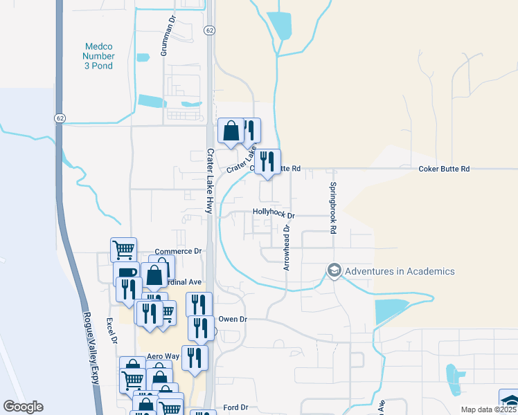 map of restaurants, bars, coffee shops, grocery stores, and more near 1519 Hollyhock Drive in Medford