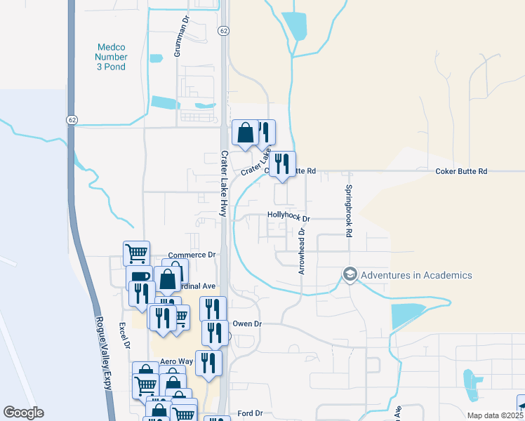 map of restaurants, bars, coffee shops, grocery stores, and more near 1519 Hollyhock Drive in Medford