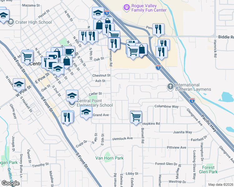 map of restaurants, bars, coffee shops, grocery stores, and more near 465 Freeman Road in Central Point
