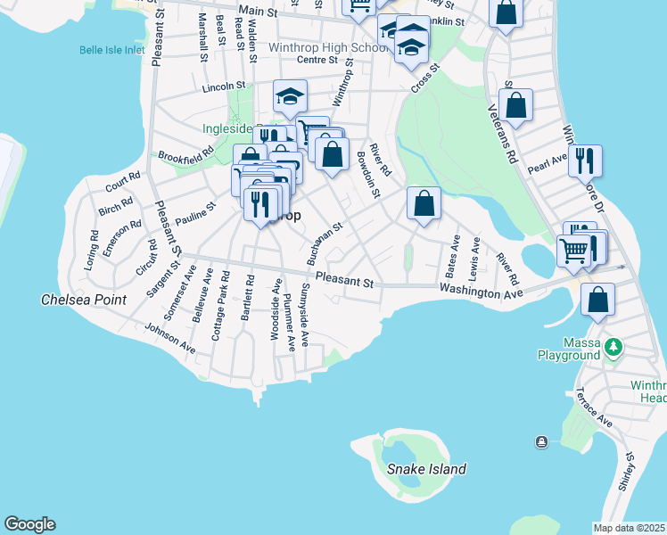 map of restaurants, bars, coffee shops, grocery stores, and more near 18 Buckthorn Terrace in Winthrop