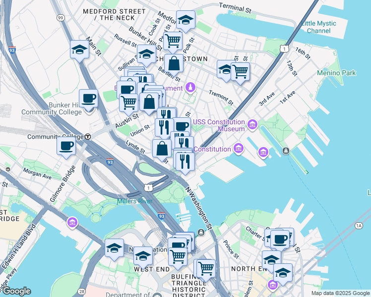 map of restaurants, bars, coffee shops, grocery stores, and more near 39-49 Warren Street in Boston