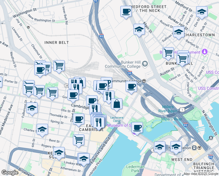 map of restaurants, bars, coffee shops, grocery stores, and more near 250 Water Street in Cambridge