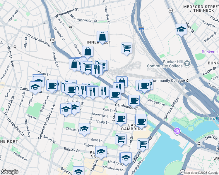 map of restaurants, bars, coffee shops, grocery stores, and more near 225 Monsignor O'Brien Highway in Cambridge