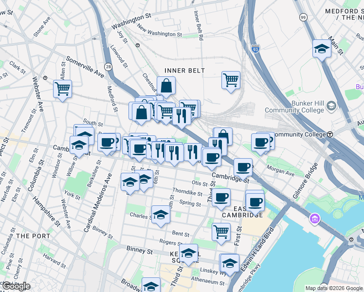 map of restaurants, bars, coffee shops, grocery stores, and more near 264 Monsignor O'Brien Highway in Cambridge