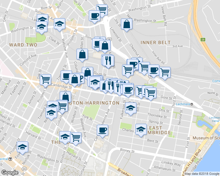 map of restaurants, bars, coffee shops, grocery stores, and more near 52 Porter Street in Cambridge