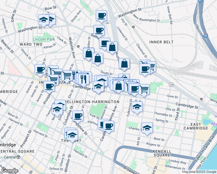 map of restaurants, bars, coffee shops, grocery stores, and more near 21 Hunting Street in Cambridge