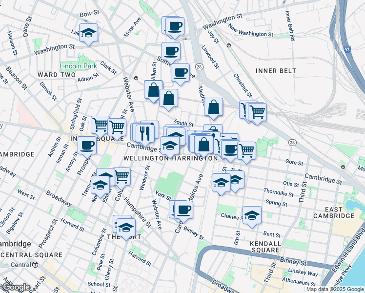map of restaurants, bars, coffee shops, grocery stores, and more near 21 Hunting Street in Cambridge