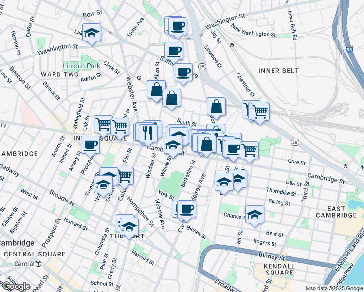 map of restaurants, bars, coffee shops, grocery stores, and more near 21 Hunting Street in Cambridge