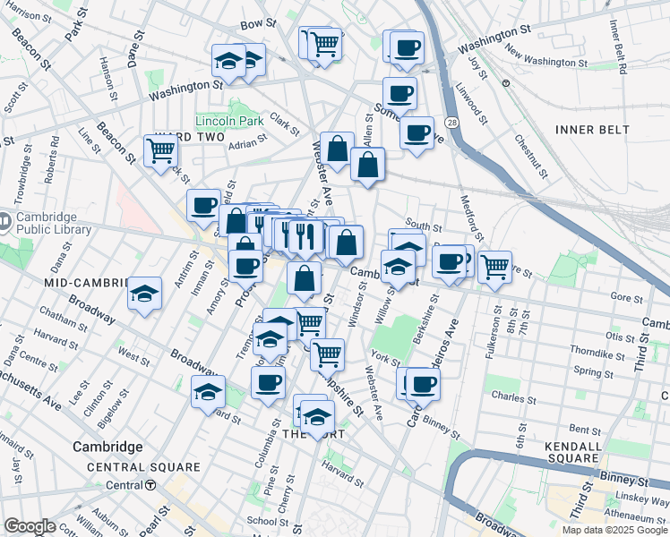 map of restaurants, bars, coffee shops, grocery stores, and more near 299 Elm Street in Cambridge